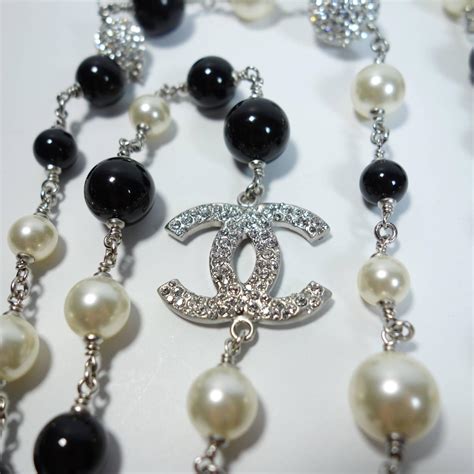 chanel necklace black and white pearls|Chanel pearl long strand necklaces.